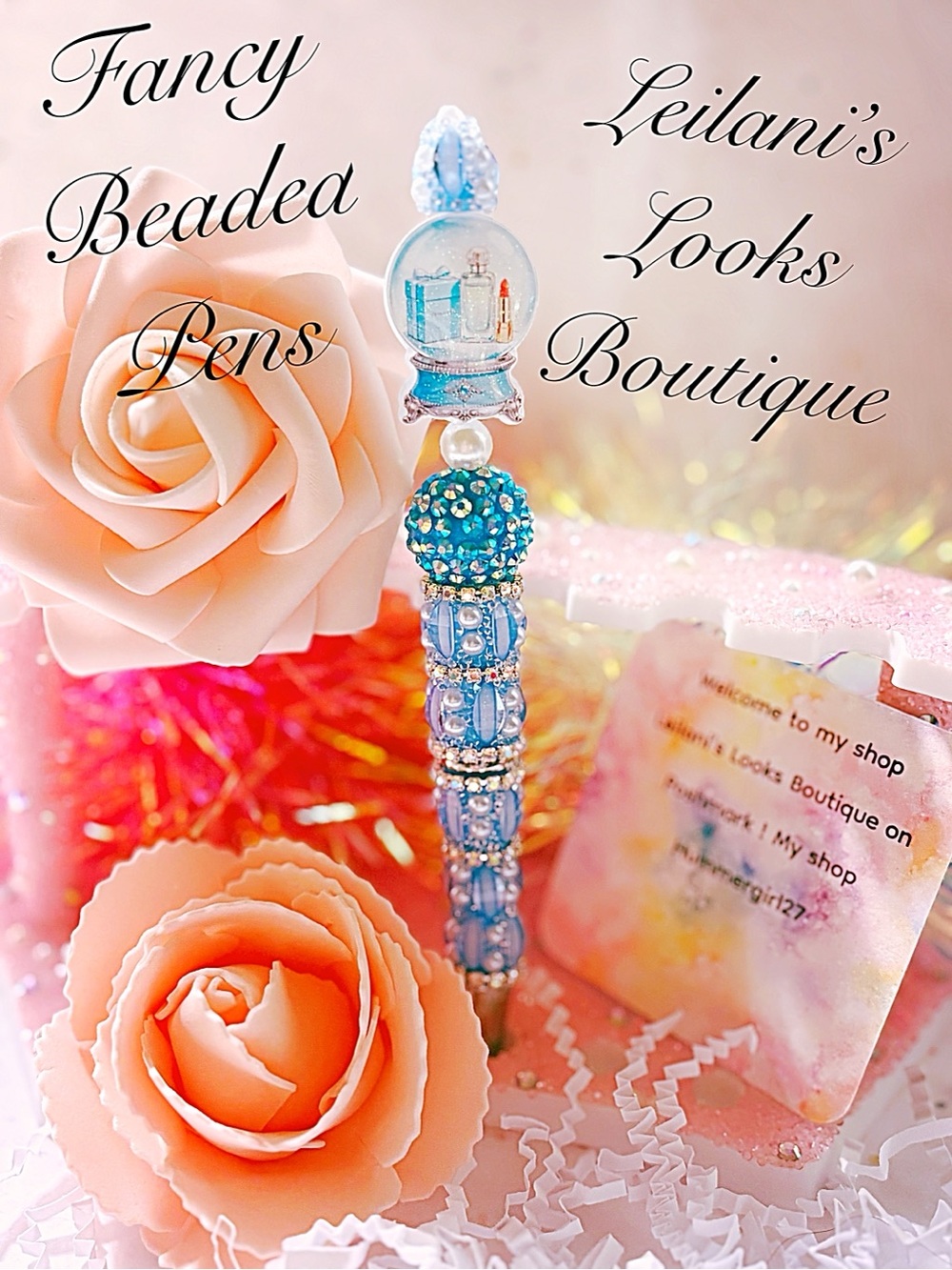 Fancy beaded pen/gifts/turquoise snow globe/turquoise beads/